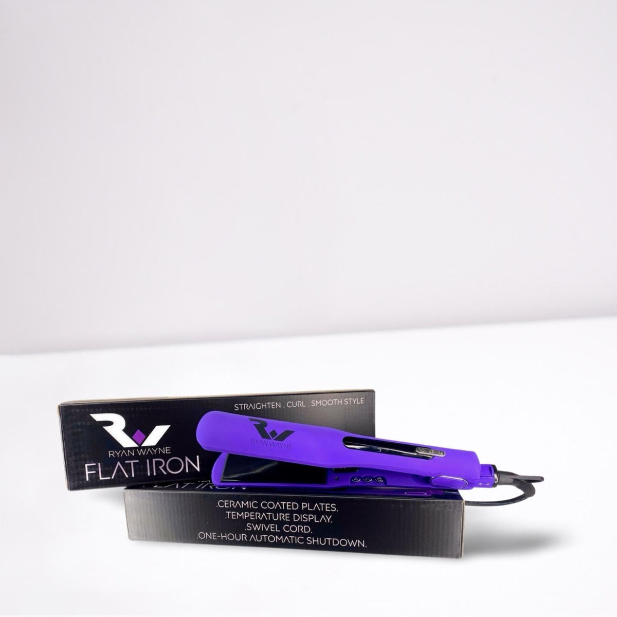 Ryan Wayne purple ceramic flat iron and packaging