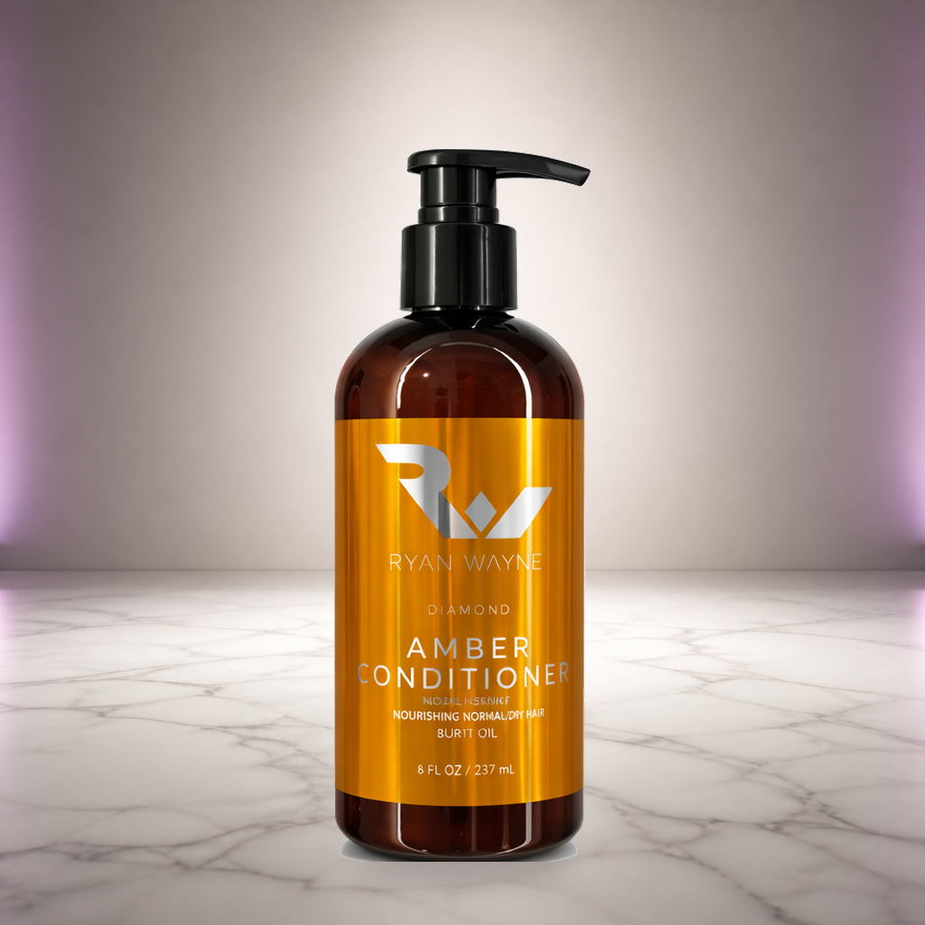 Ryan Wayne Diamond Amber Nourishing Conditioner with authentic label on white marble and plum-lit background