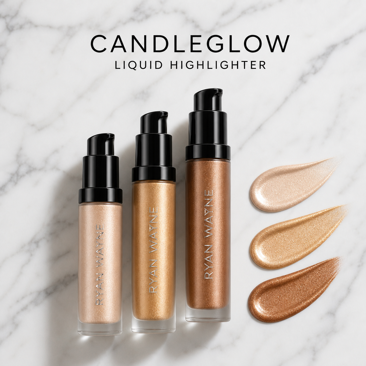 Ryan Wayne Candleglow Liquid Highlighter in three luminous shades on white marble