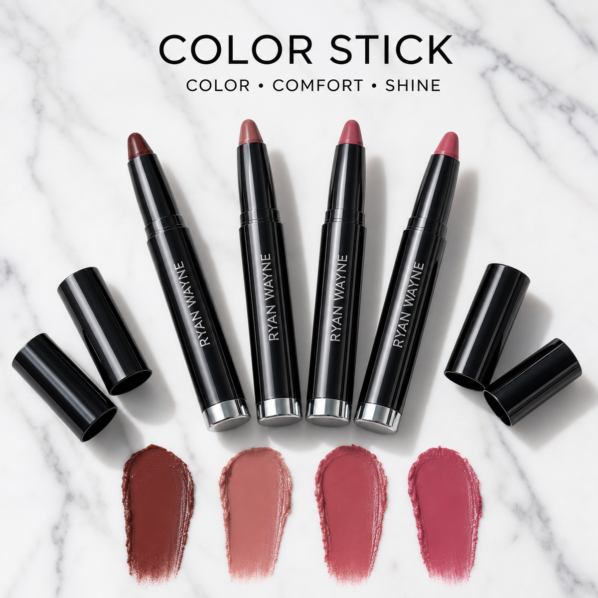 Ryan Wayne Color Stick four-shade collection on white marble