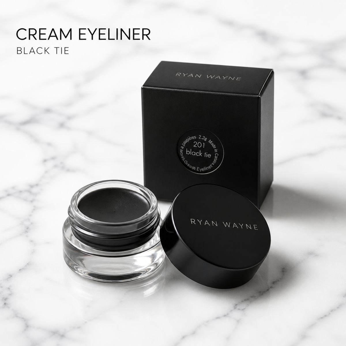 Ryan Wayne Cream Eyeliner in Black Tie on white marble