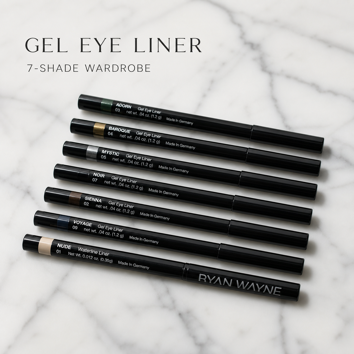 Ryan Wayne Gel Eye Liner seven-shade collection on white marble