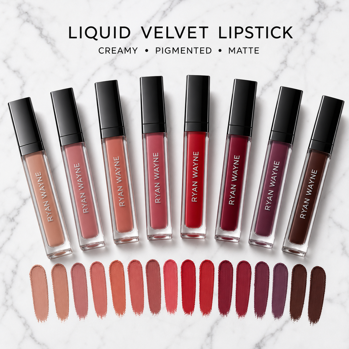 Ryan Wayne Liquid Velvet Lipstick sixteen-shade collection on white marble