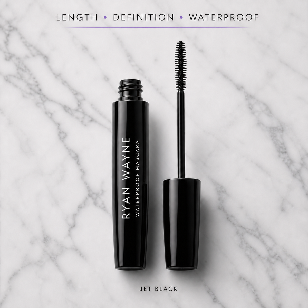 Ryan Wayne Waterproof Lengthening Mascara with longways tube label and precision wand