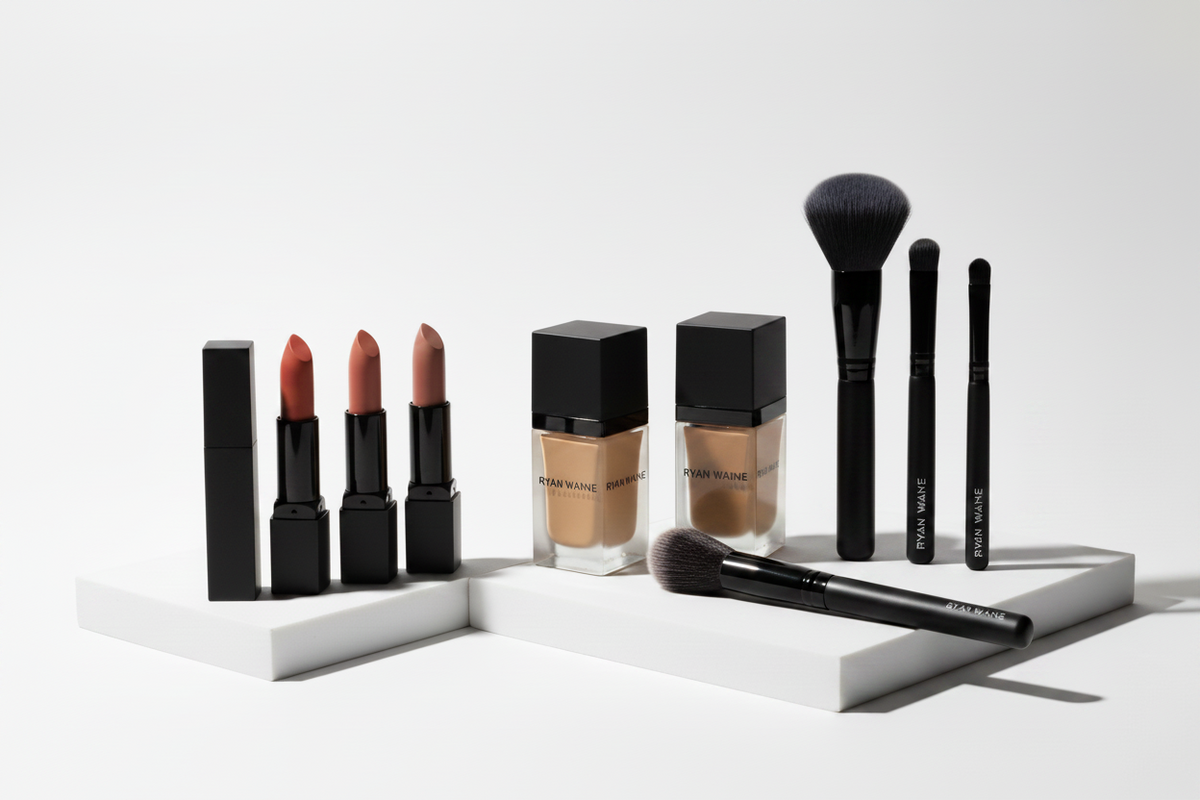 Ryan Wayne Makeup luxury cosmetics collection arranged on white marble