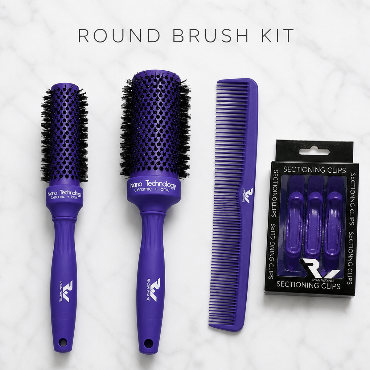Ryan Wayne Round Brush Kit on white marble
