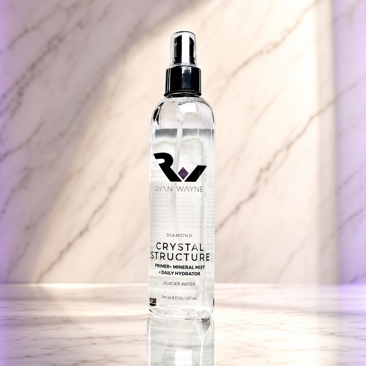 Ryan Wayne Diamond Crystal Structure Primer and Mineral Mist on white marble with plum lighting