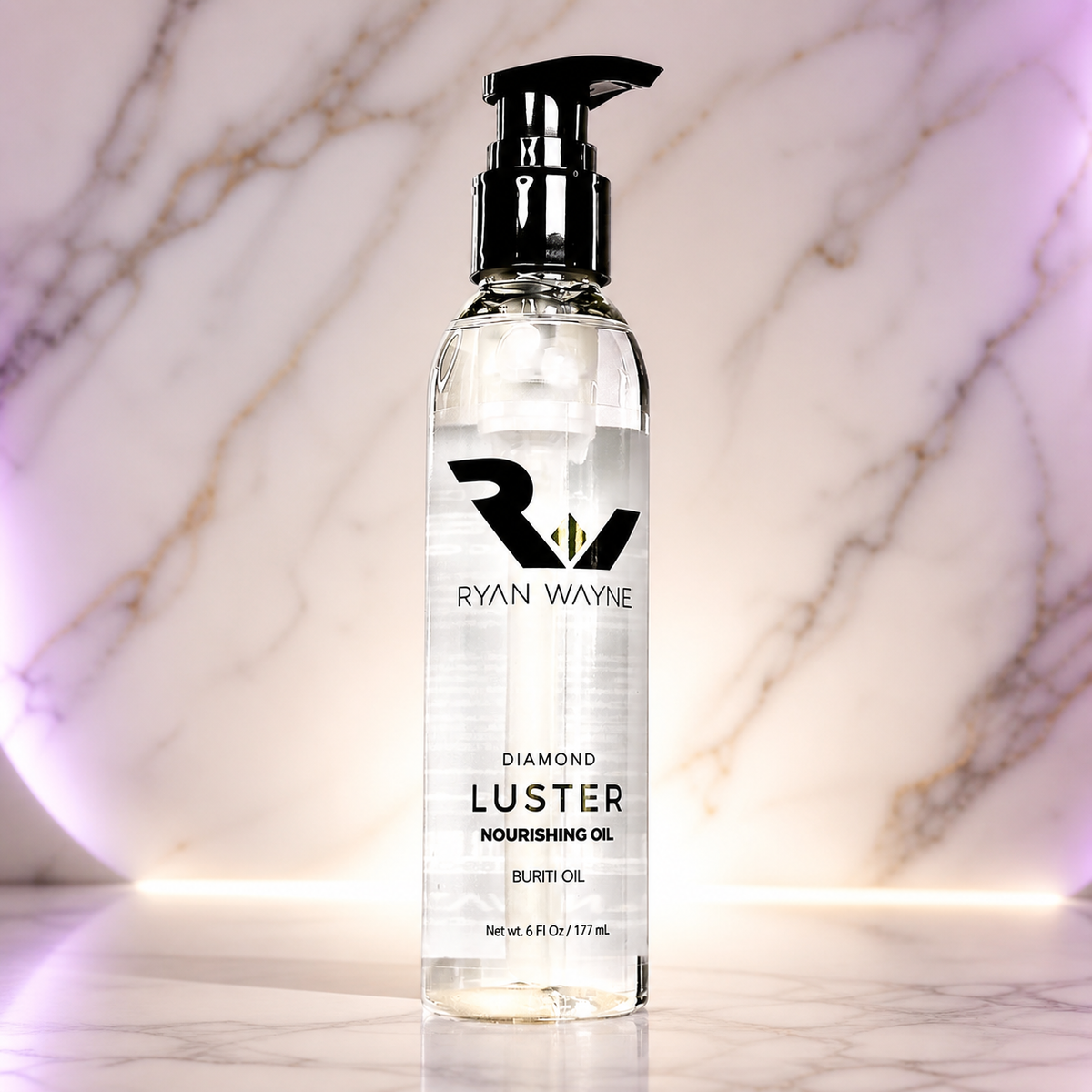 Ryan Wayne Diamond Luster Hair and Body Oil on white marble with plum lighting