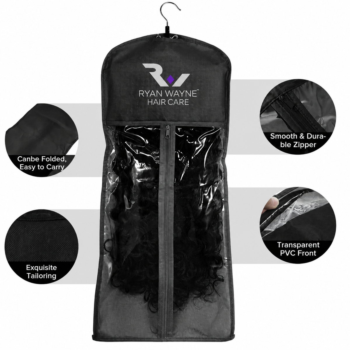 Ryan Wayne branded hair extension storage hanger bag with product feature details