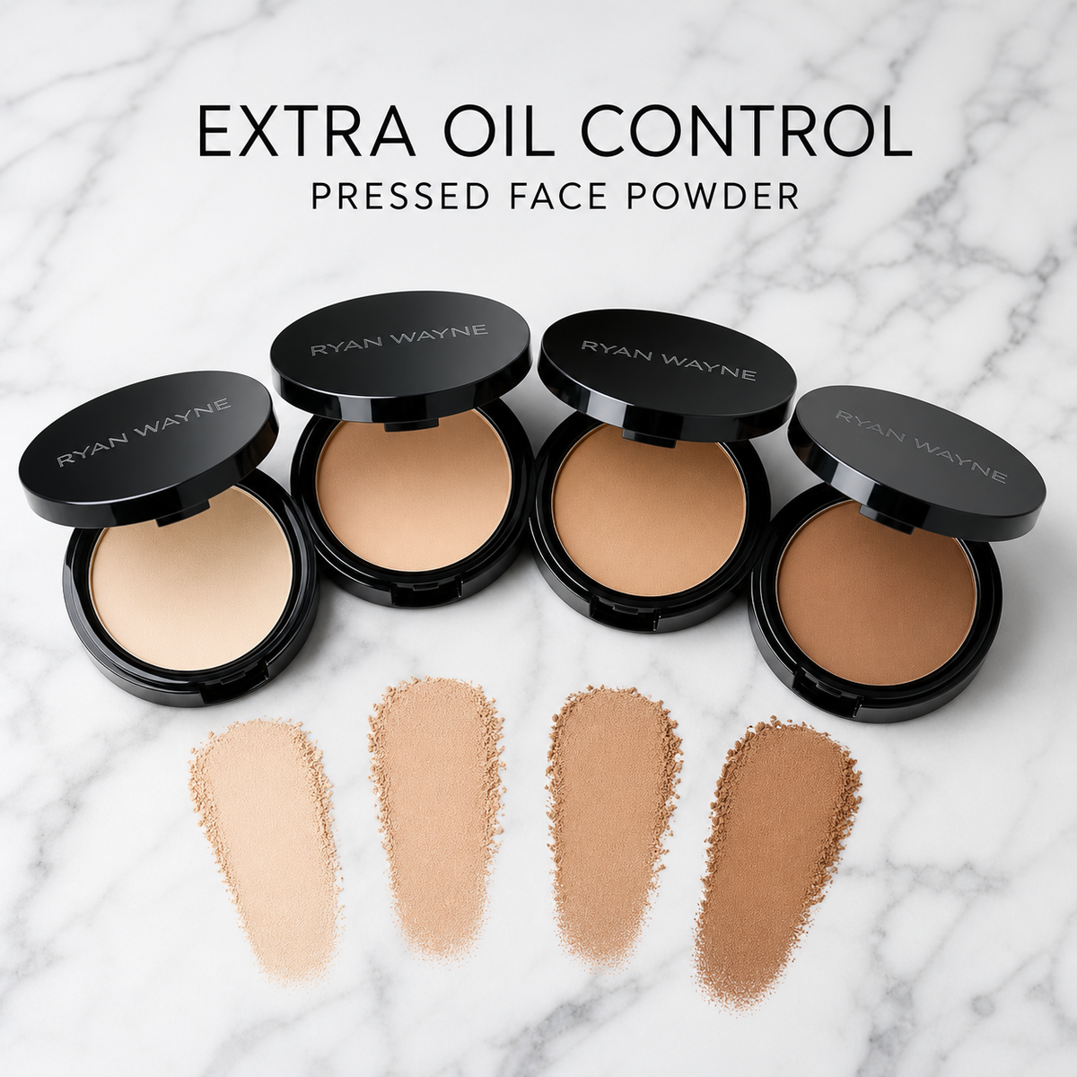 Ryan Wayne Extra Oil Control Pressed Face Powder in four shades on white marble