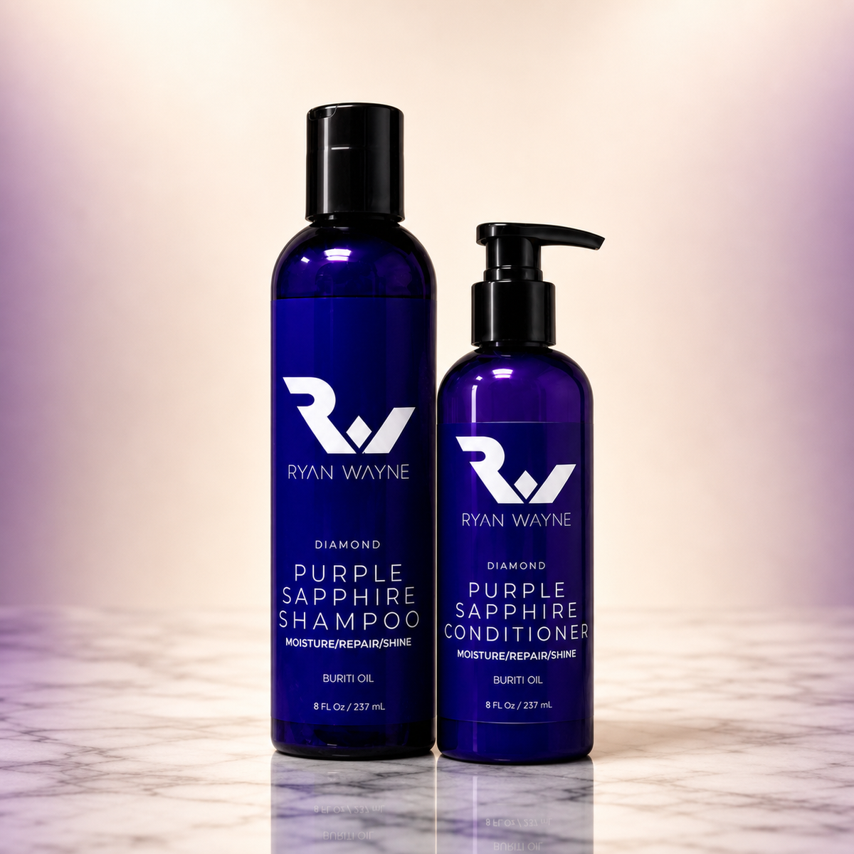 Ryan Wayne Diamond Purple Sapphire Shampoo and Conditioner Duo on ivory marble with soft plum studio lighting